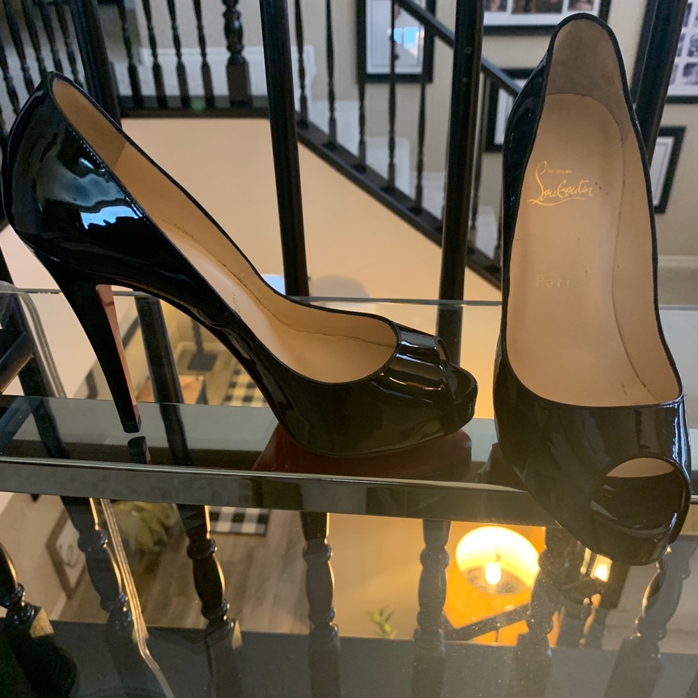 Christian Loubouton black Patton peep toe heals